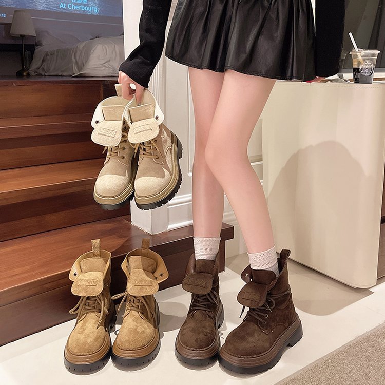 美拉德厚底马丁靴女2025秋冬新款复古系带短靴翻领两穿工装大黄靴