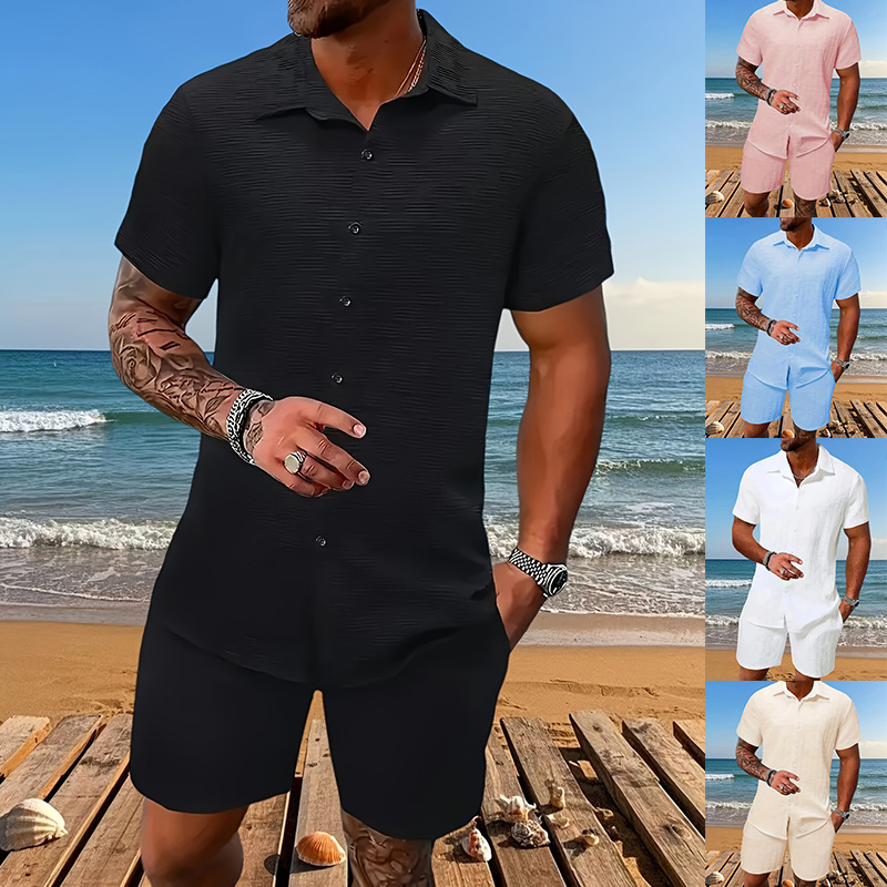 2025 European and American Summer Jacquard Black and White Solid Color Shirt Suit Short-Sleeved Men's Vacation Casual Style Shirt Men's Cross-Border 2025 European and American Summer Jacquard Black and White Solid Color Shirt Suit Short-Sleeved Men's Vacation Casual Style Shirt Men's Cross-Border