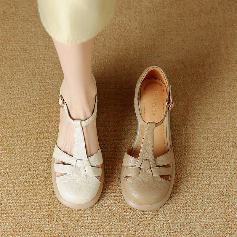 Sandal Mary Jane nữ đế dày gót vuông mũi tròn dệt kiểu La Mã — Màu trắng nhạt