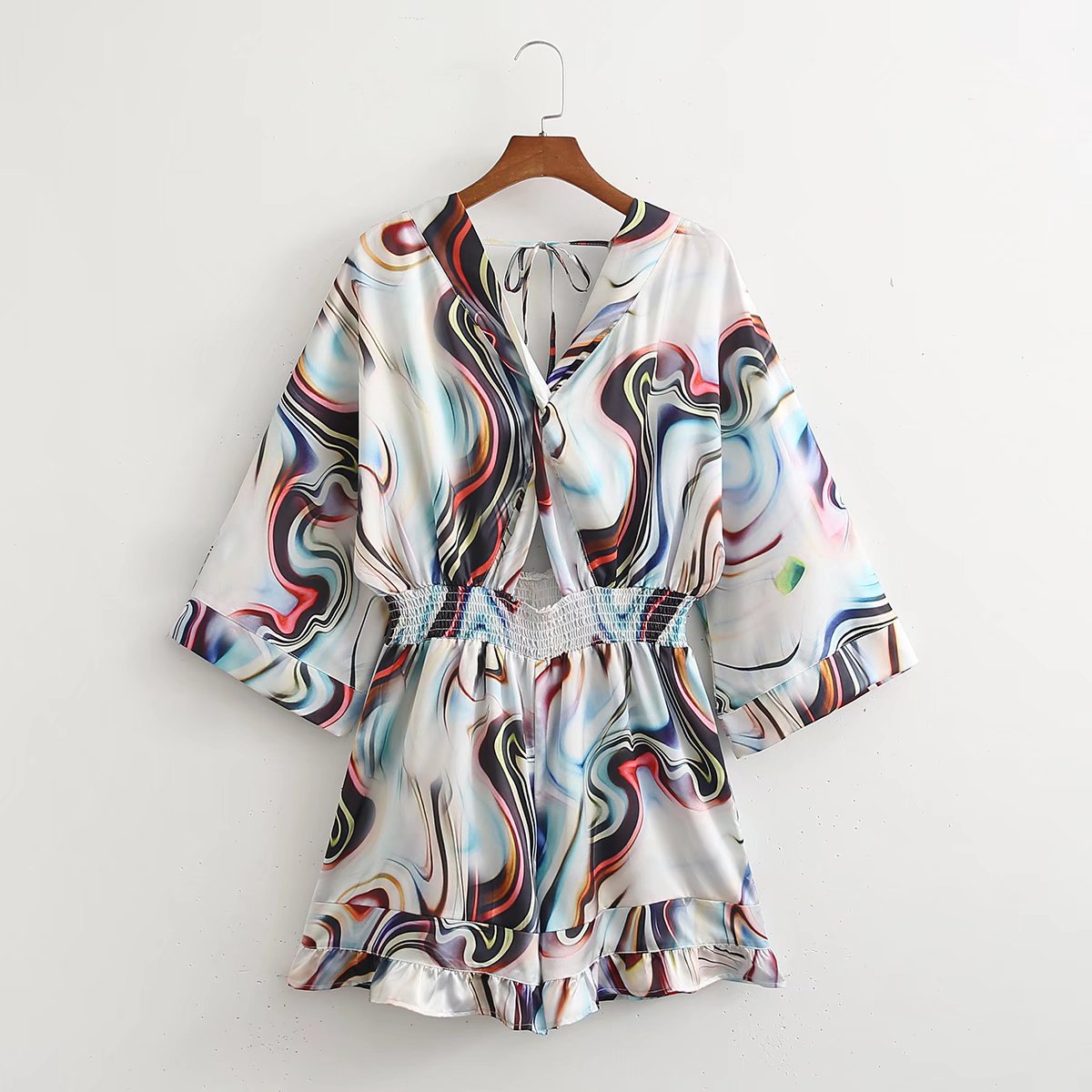 春季新款欧美风领印花打结设计镂空收腰休闲短裤连体裤外贸女装