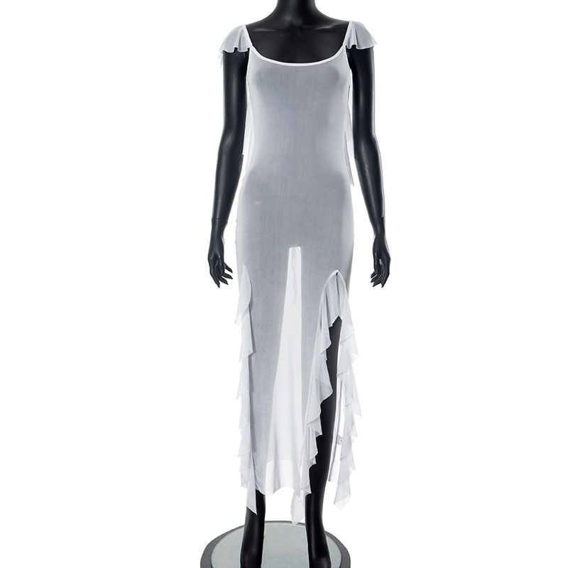 Sexy Backless Mesh Micro Transparent Tied Spaghetti Strap Dress Women Dress Summer