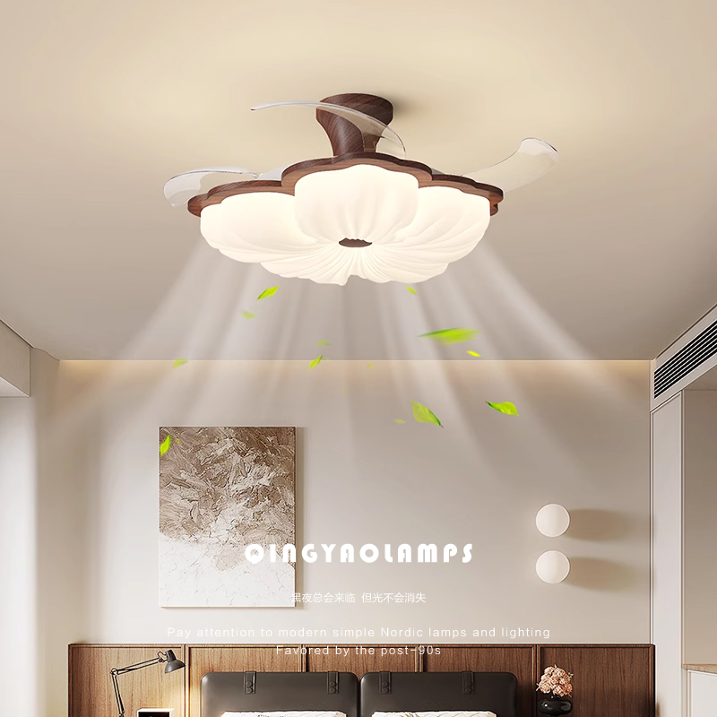 New Chinese-Style Antique Floral Ceiling Fan Light, Invisible and Silent, Cream Style, Children's Bedroom Eye-Protection Dining Room Ceiling Fan Light