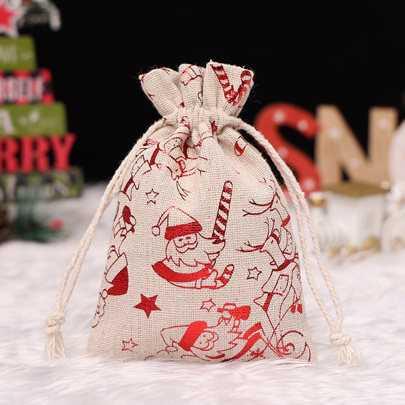 Сумка- gift с завязками из хлопка и льна, размеры 10×14 см и 13×18 см, праздничные принты к Рождеству