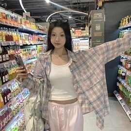【专供东南亚】韩系撞色格子衬衫女夏季宽松长袖外搭防晒衬衣上衣