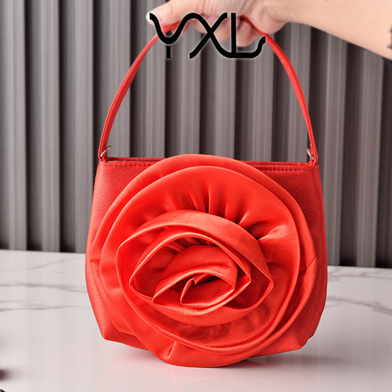 Bolso de cena de flores grandes de estilo explosivo transfronterizo Bolso cheongsam de satén tridimensional retro Bolso de novia de boda portátil Fabricante
