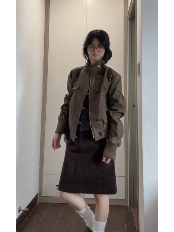 美式复古立领皮衣外套女秋季年新款排扣设计短款机车夹克上衣|undefined