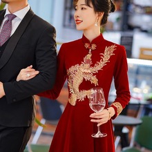 清库存 大码敬酒服新娘2025结婚中式礼服酒红色丝绒长袖晚礼服