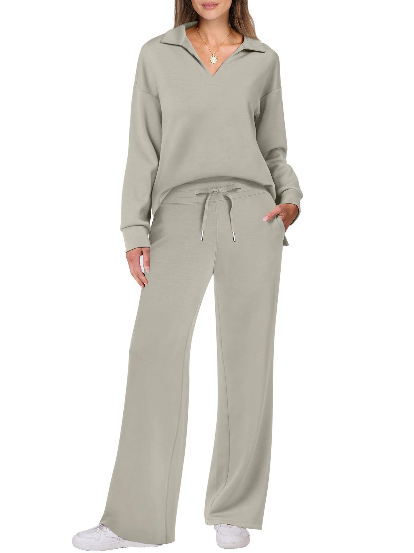 Women's Tracksuit Sports Suit V-neck Long-sleeved Pullover Top And Drawstring Straight-leg Trousers Casual Solid Trousers Set