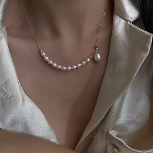 Natural Strong Light Freshwater Pearl 14K Bag Gold Necklace Adjustable Clavicle Chain Light Luxury ins Niche Girl's Gift