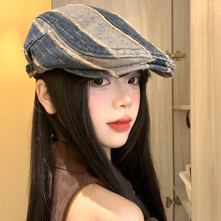 日系条纹做旧水洗牛仔前进帽女复古贝雷帽百搭显脸小鸭舌报童帽子|undefined
