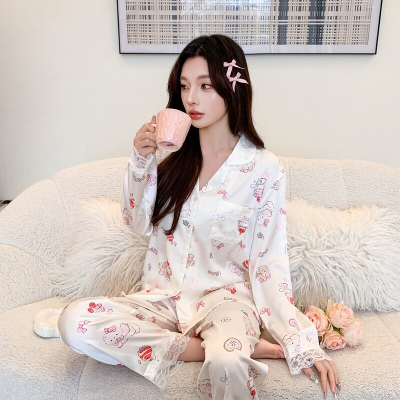 [Soft Cat] Summer New Style Ice Silk Thin Long-Sleeved Pajamas Cartoon Cardigan Women's Sweet Lace Home Clothes
