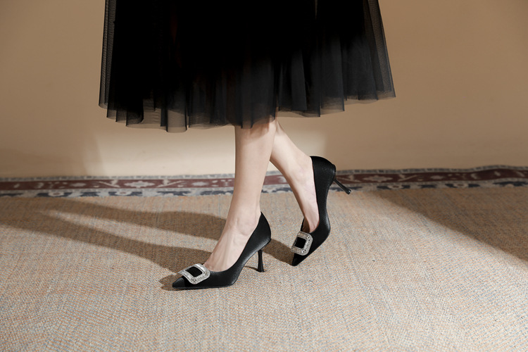 Stiletto Pumps For Women Crystal Square Button Soft Leather Heels_voghion.com