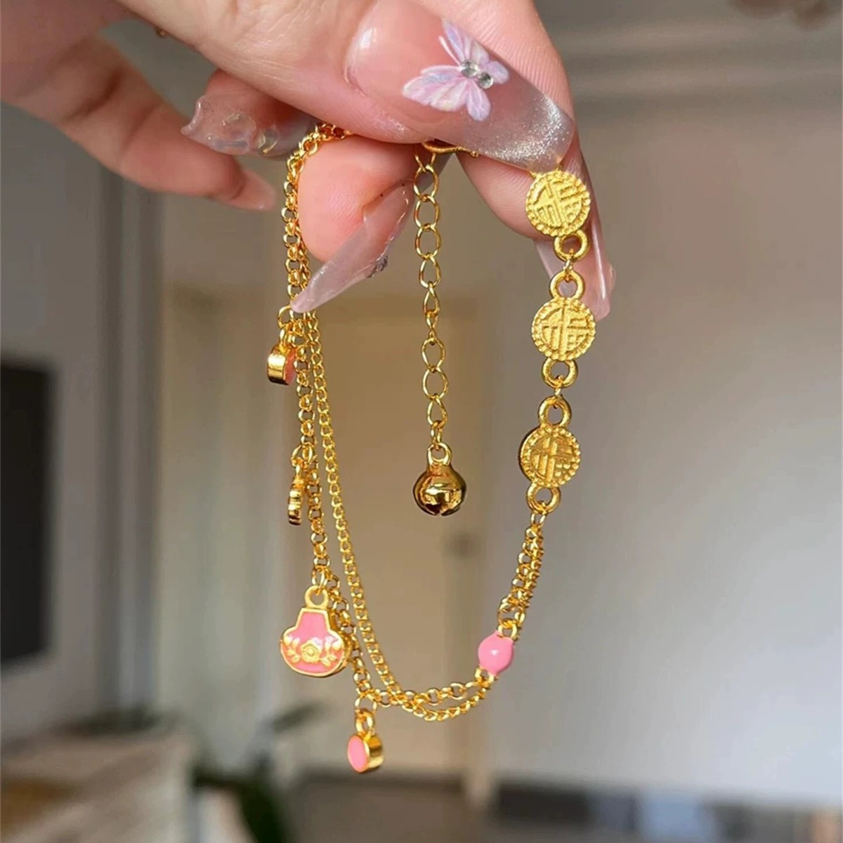 Shajin pink silver ingot bell lucky brand bracelet does not fade for a long time sweet fresh temperament high sense does not fade for a long time_voghion.com