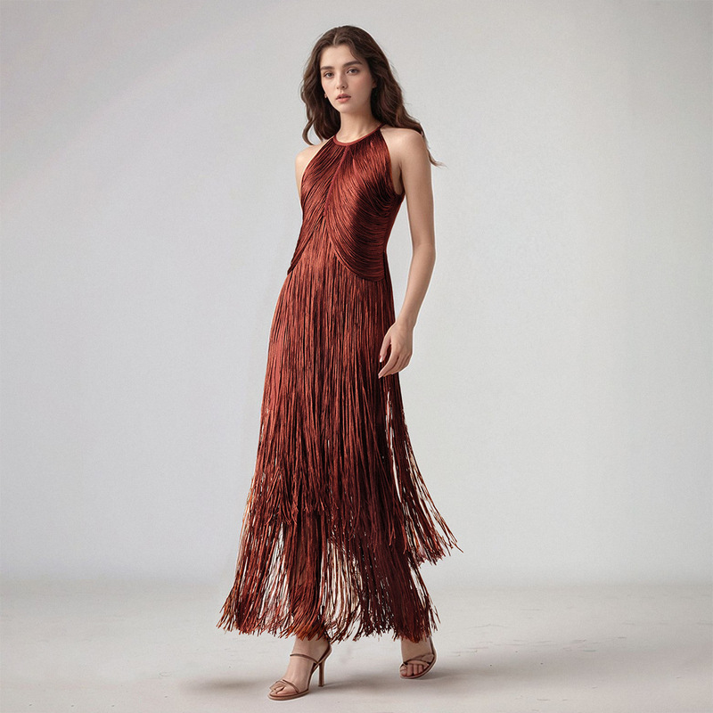 Cross-Border New Design Tassel Sleeveless Waist Bandage Dress Celebrity Party Stage Performance Dress Women's Clothing