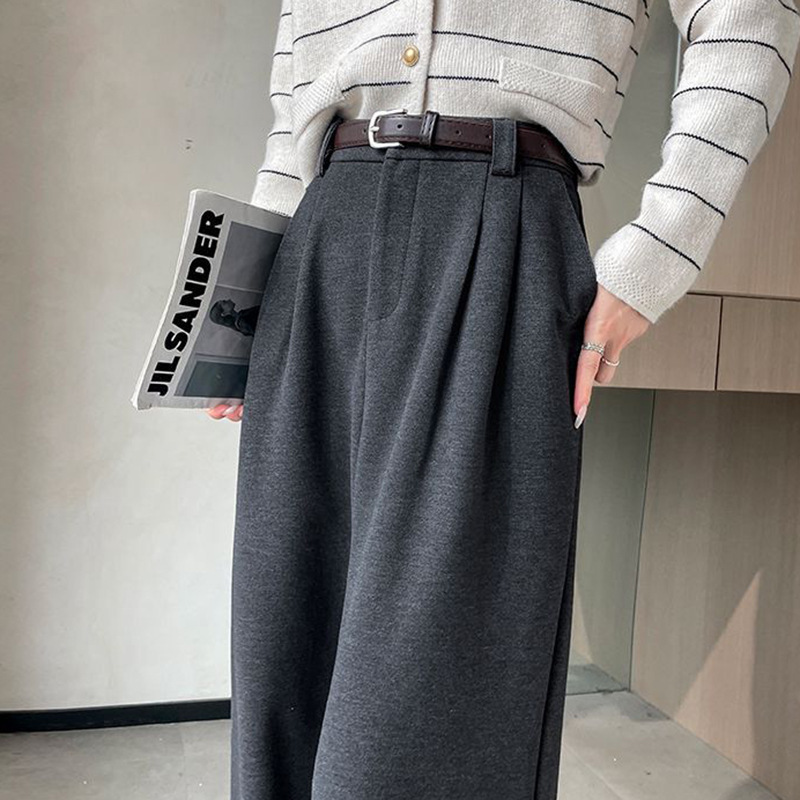 深灰色毛呢西装阔腿裤子女秋冬高腰广州十三行郑州加绒休闲直筒裤