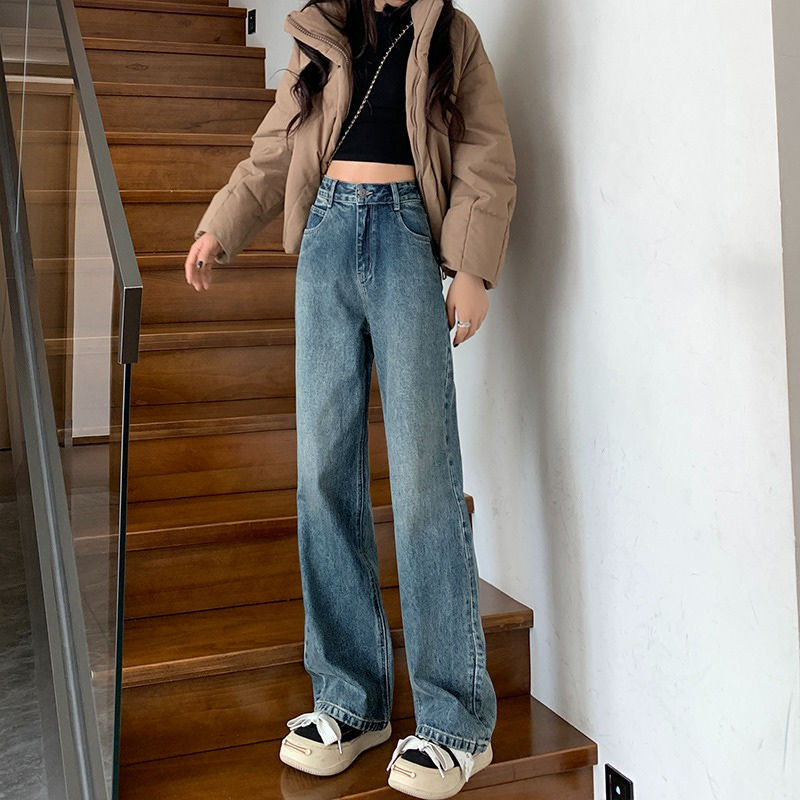 韩版复古蓝高腰阔腿牛仔裤女新款春秋垂感小个子窄版直筒拖地裤子|undefined