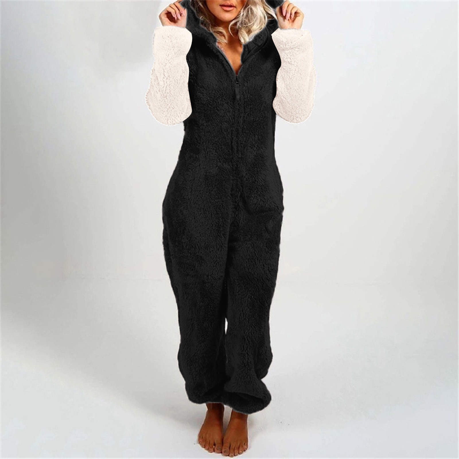 2022 europeo y americano Amazon otoño e invierno nuevo Mono de mujer color sólido con capucha SLIM-Fit mono de felpa de manga larga