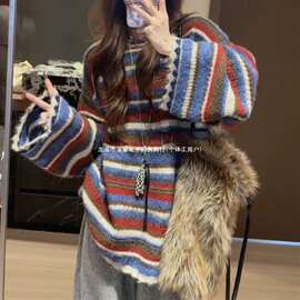 复古条纹撞色慵懒风韩国东大门秋季新款大码百搭圆领针织衫毛衣女
