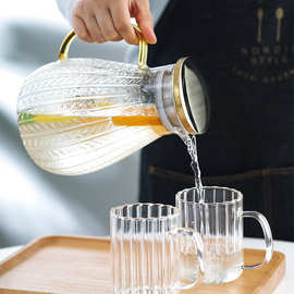 耐高温玻璃凉水壶水杯大容量冷水壶日式家用金盖1.8L圆麦穗高硼壶