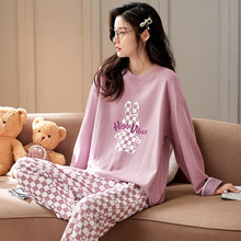秋冬季睡衣女士长袖棉质韩版可爱卡通可外穿套装家居服一件代发