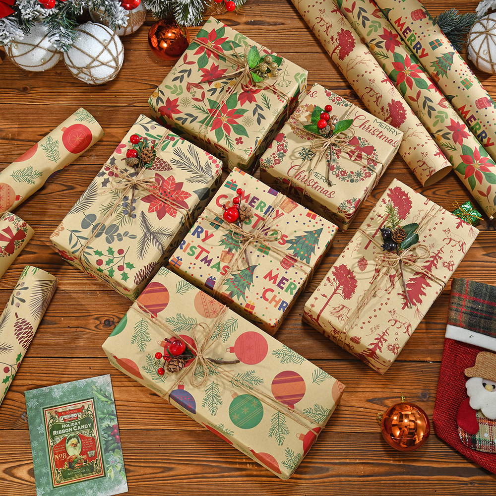 Amazon cross-border navidad dibujos animados impresión de papel kraft bricolaje embalaje de regalo regalo de vacaciones papel de embalaje al por mayor