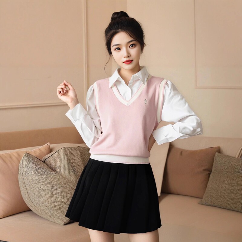 New Autumn and Winter Fashion College Style Striped Long-Sleeved Shirt Splicing Top Fake Two-Piece Women's Outer Wear Celebrity Knitwear New Autumn and Winter Fashion College Style Striped Long-Sleeved Shirt Splicing Top Fake Two-Piece Women's Outer Wear Celebrity Knitwear