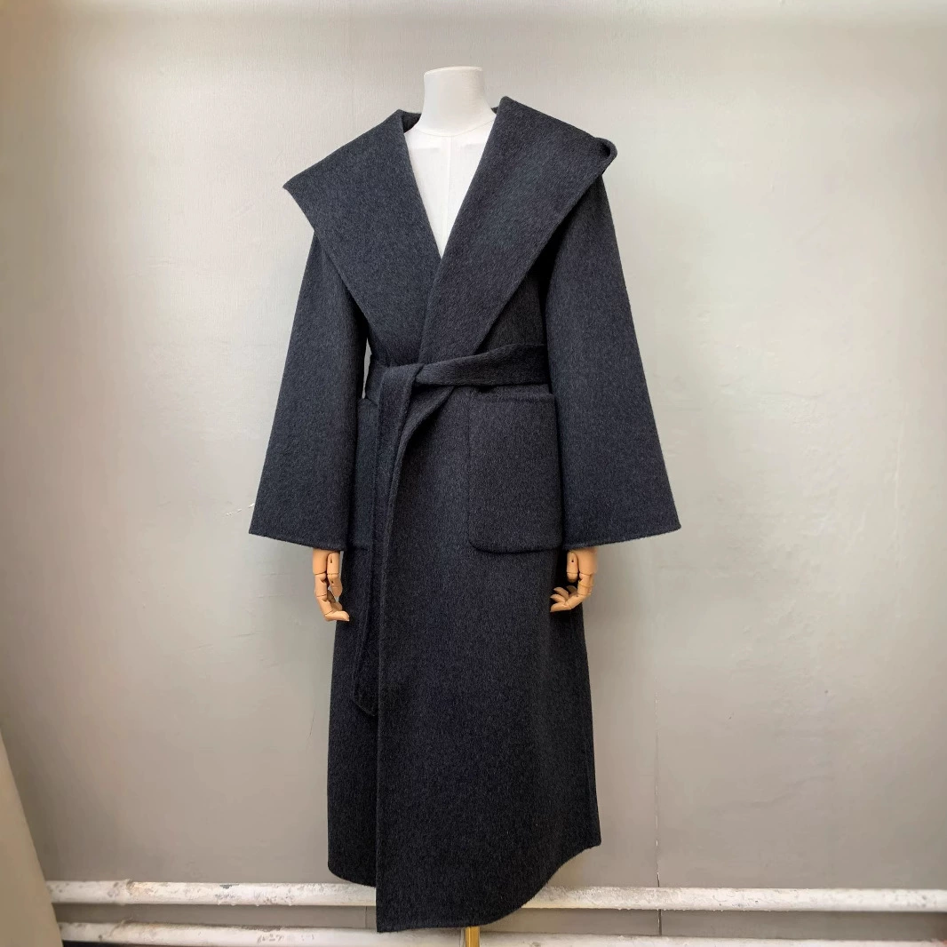 Темно-серая капюшон длинная свободная версия с верблюжьей шерстяной шубкой Двусторонняя шерстяная куртка для женщин Новый корейский халат