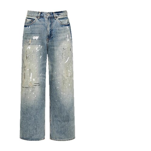 JIAMU Vintage American High Street Baggy Fit Unisex Wide Leg Floor-Length Spray Stain Bleached Distressed Design Jeans