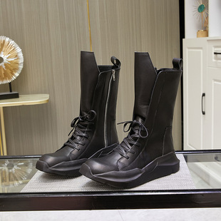 European and American Men's High-Top Boots, Cowhide, Round Toe, Breathable, Lace-Up, Thick-Soled, Height-Increasing Sneakers, Knight Boots, Retro Style, Summer Style