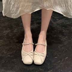 【Su Yining Style】Norwegian Princess～Square Head Bow Pearl Diamond Chain Mary Jane Grandmother's Single Shoes
