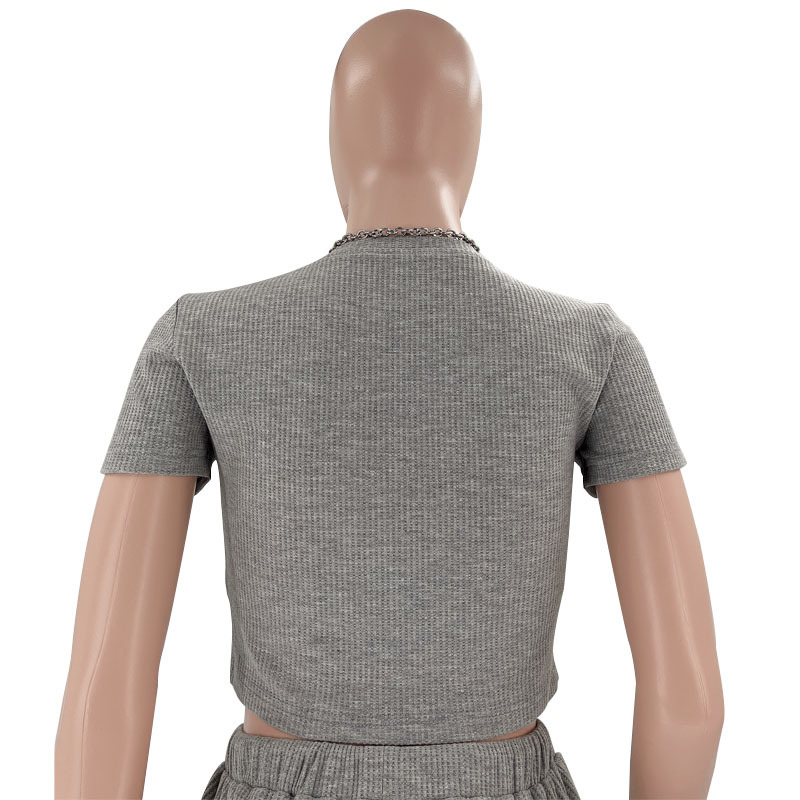 Spring Summer Solid Color Waffle round Neck Short Sleeve Women Clothing Casual Trousers Sets 13 Spring Summer Solid Color Waffle round Neck Short Sleeve Women Clothing Casual Trousers Sets