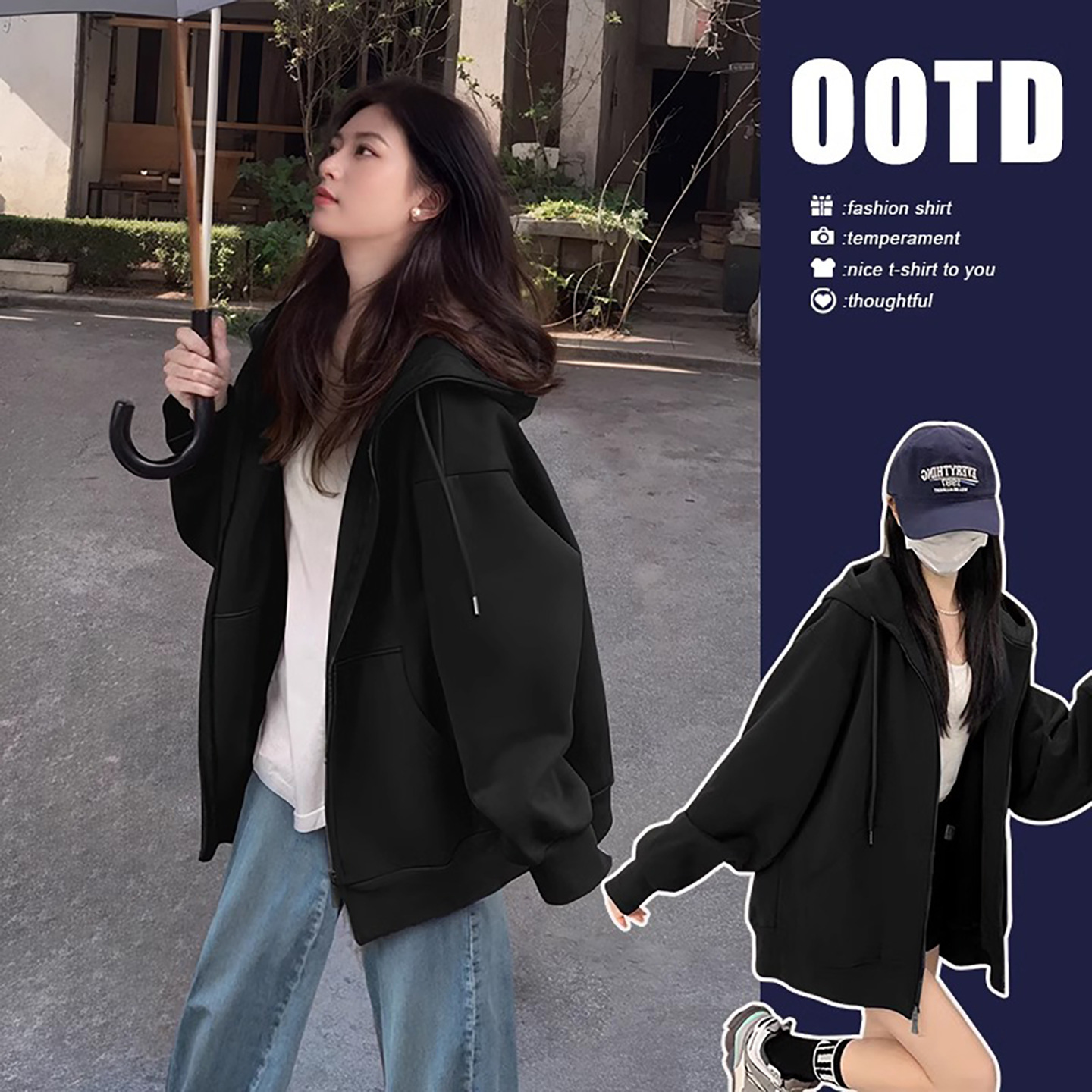 Black Hooded Jacket for Women 2026 New Spring and Autumn Sweatshirt for Petite Figures, Thin Style, Lazy Style, Loose Cardigan Top