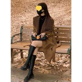 2025秋冬新款毛呢外套韩系高级感卡其色海军领呢子大衣女雪尼尔