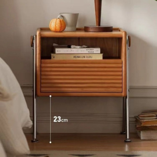 Solid Wood Stainless Steel Legs Mini Bedside Table Retro Cherry Wood Bedside Table Small Apartment Antique Style Bedroom Storage Cabinet