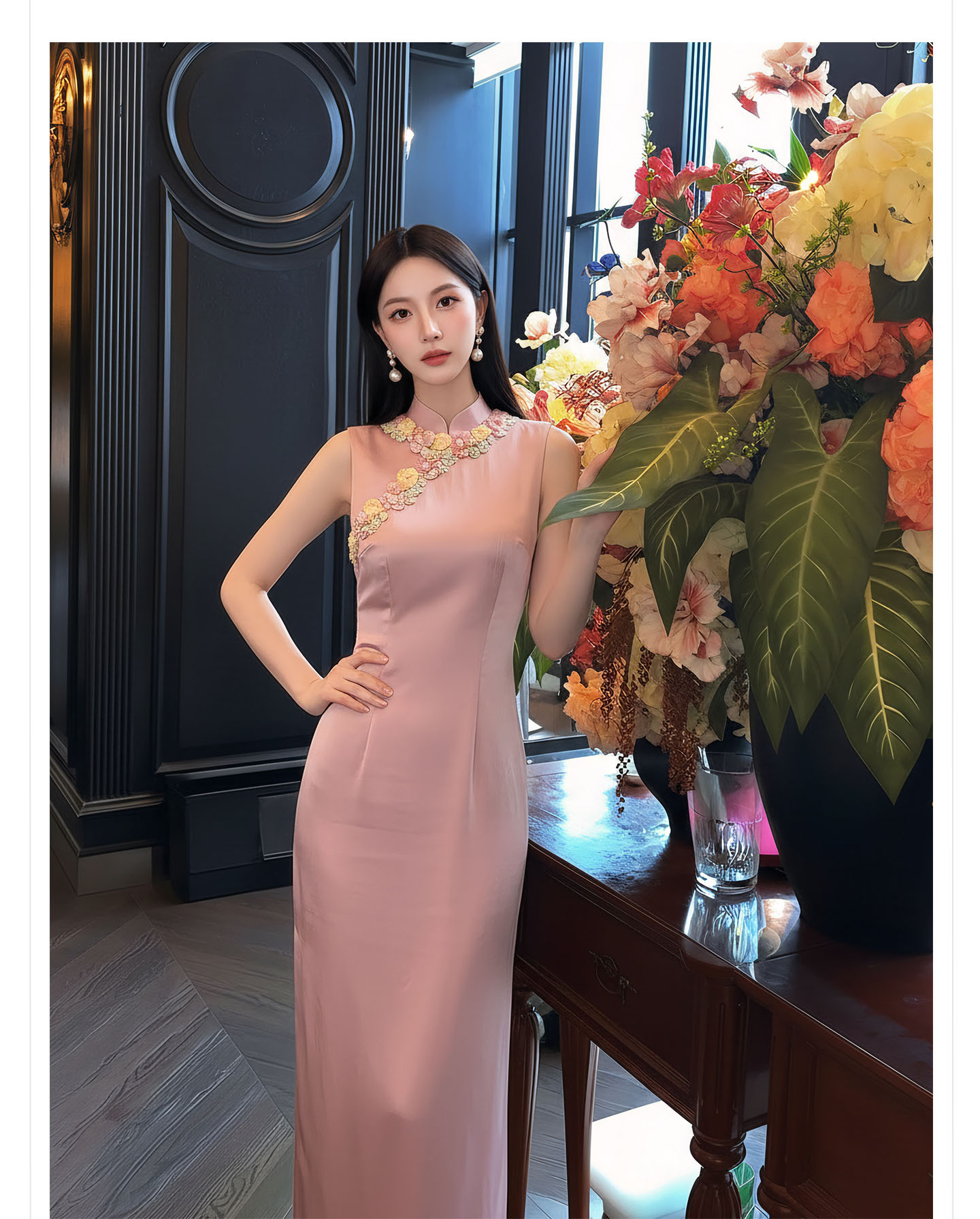 Bộ váy đầm maxi thắt eo kiểu Trung Hoa cải tiến kèm áo khoác choàng tua rua — Trang chủ, bộ đồ, váy liền, váy xanh chi tiết 9