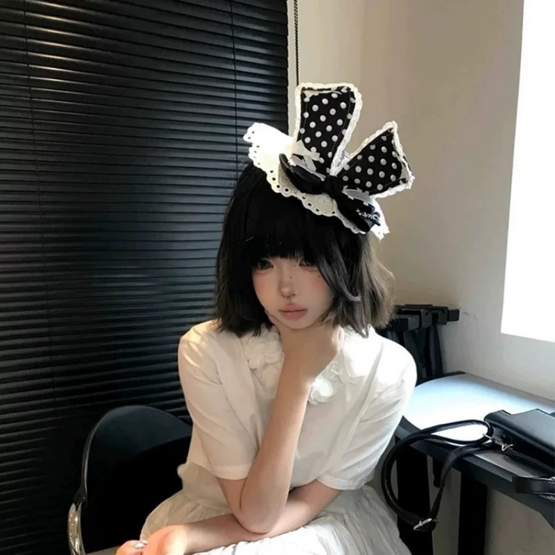 日本の甘いレースのリボン水玉ウサギの耳ヘアピン女性のための 2025 春と夏の新しいかわいいヘアピン帽子ヘアアクセサリー|undefined