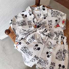 儿童套装2025夏男女童卡通老鼠短袖衬衫宝宝短裤两件套休闲家居服