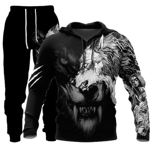 Design of Cross-border Clothing New Animal Wolf 3D Print Hooded Sweatshirt and Leggings Set for Spring and Autumn Season for Men