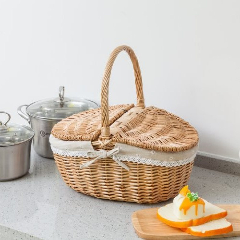 Cestas de bambú de vid de trenzado cestas de picnic cestas de almacenamiento cestas de frutas de trenzado cestas pastorales con cubierta de mesa