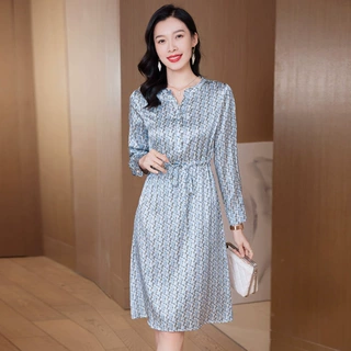 9511重磅真丝连衣裙女长袖2025春新款高端桑蚕丝气质收腰碎花裙子