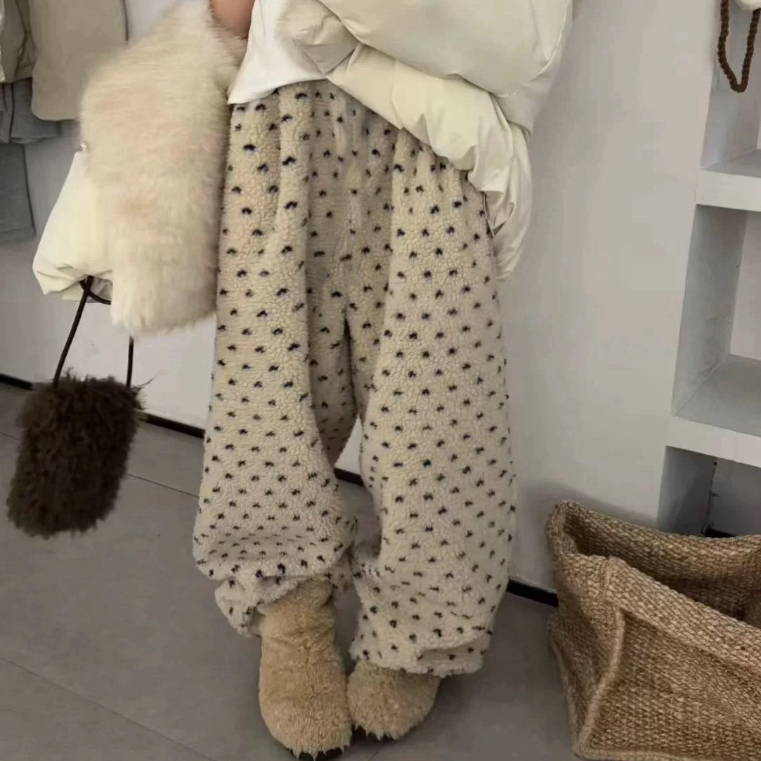【爱心点点裤】韩风羔羔毛爱心可抽绳两穿直筒裤百搭毛绒休闲长裤