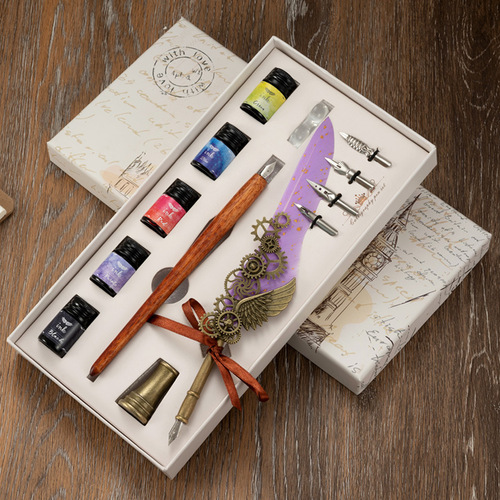 Starry sky sprinkled gold dip pen European style mechanical punk style wing pen advertising business gift quill pen set
