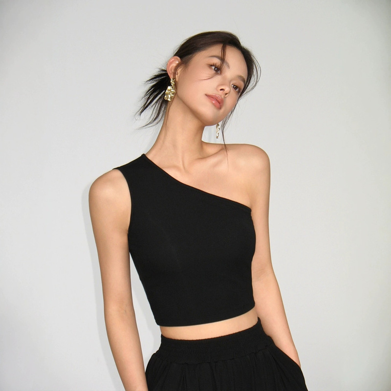 Neva Hu Black One-Shoulder Asymmetrical Neckline Slim-Fit Vest T-Shirt Design Summer Slimming Off-Shoulder Short Top Neva Hu Black One-Shoulder Asymmetrical Neckline Slim-Fit Vest T-Shirt Design Summer Slimming Off-Shoulder Short Top