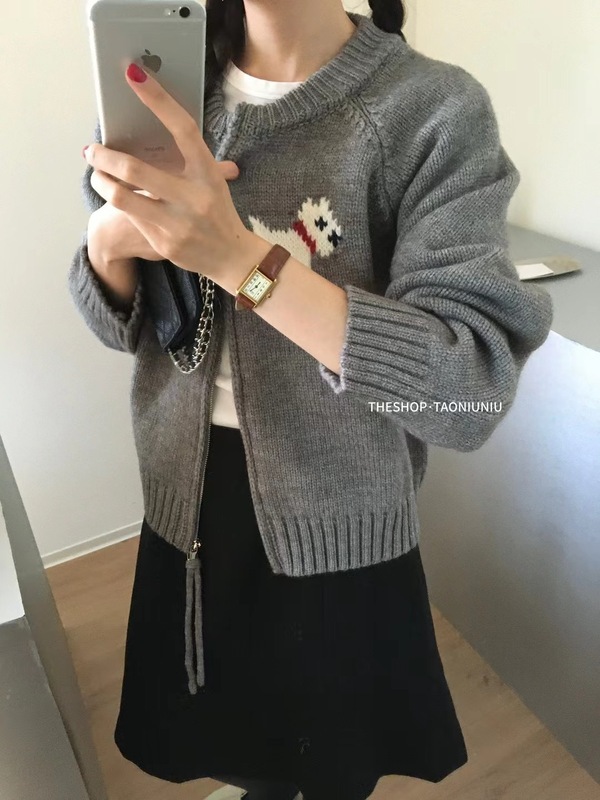 复古设计感卡通小狗圆领双拉链毛衣外套女秋冬宽松减龄针织开衫|undefined