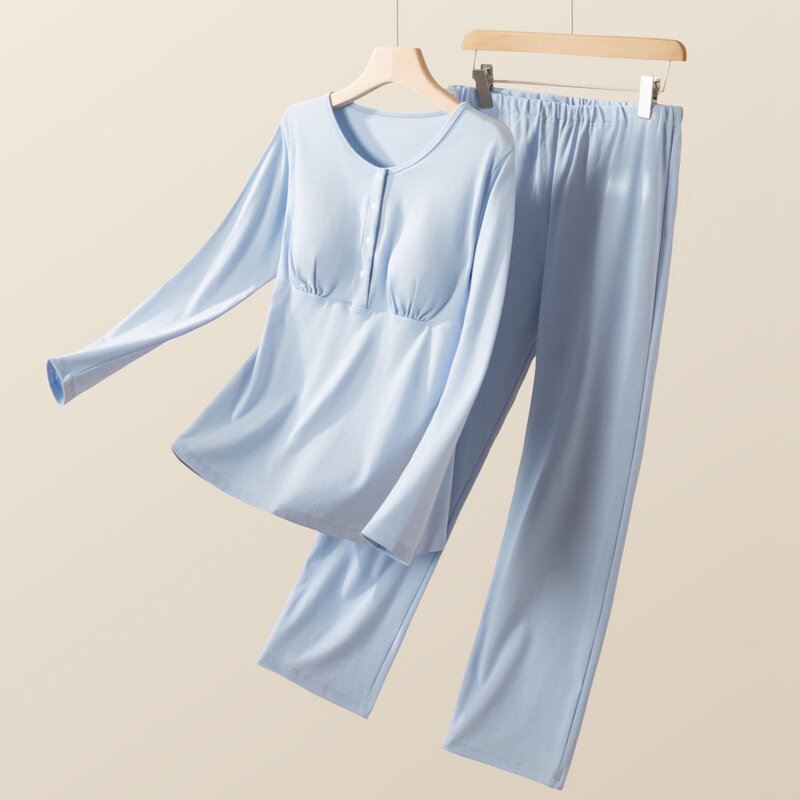 Ribbed cotton front-button long-sleeve maternity set, nursing homewear with chest pads, no need to wear a bra, solid color pajamas, postpartum clothing Ribbed cotton front-button long-sleeve maternity set, nursing homewear with chest pads, no need to wear a bra, solid color pajamas, postpartum clothing