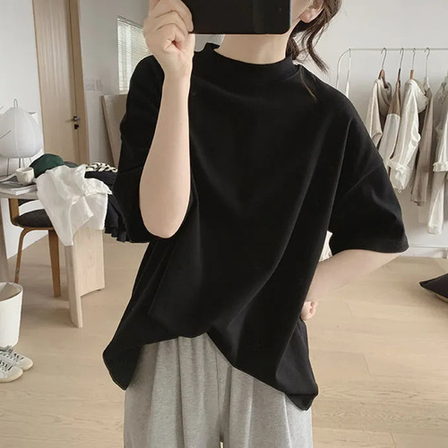 Half turtleneck T-shirt women's new spring and summer loose slimming Korean style simple half-sleeved age-reducing cotton basic top