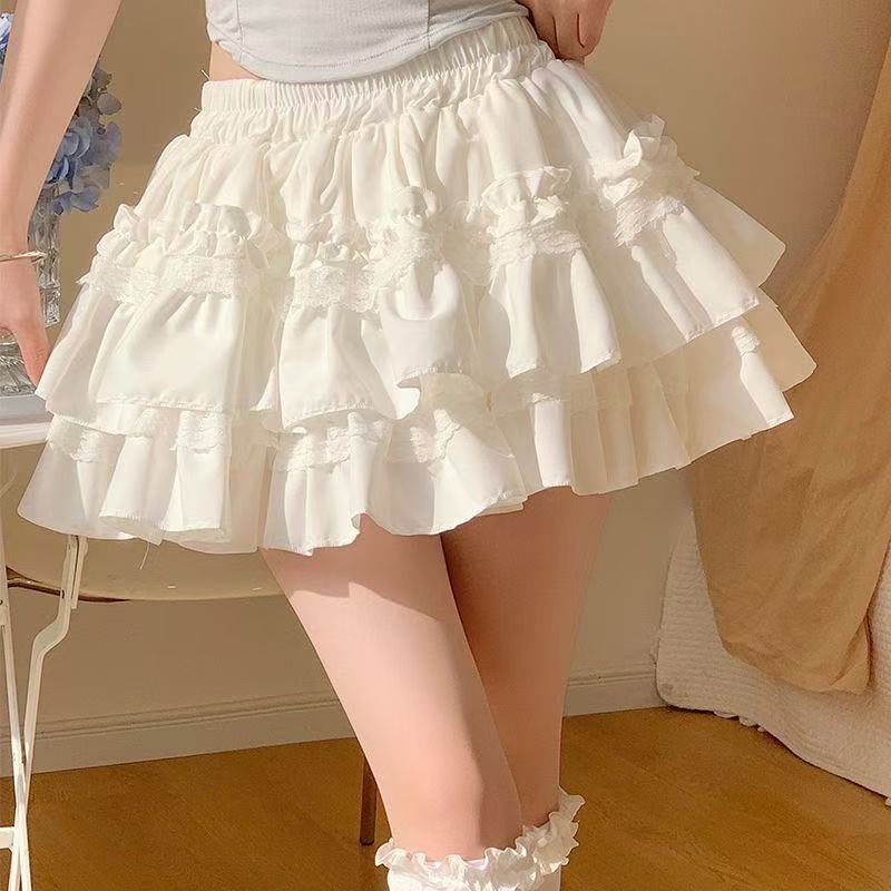 ホワイトレースケーキチュチュスカート女性の甘いスカートAラインスカートハイウエスト痩身露出防止バレエスタイルスカート|undefined