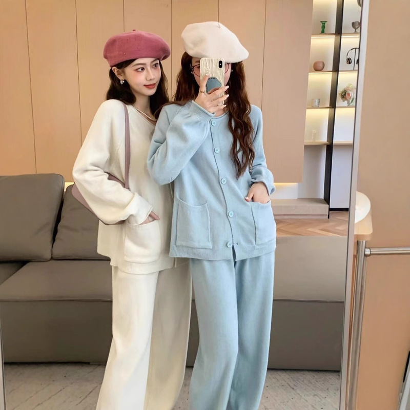 欧美纯色针织衫套装女2025秋冬新款开衫外套阔腿裤两件套日韩休闲|undefined