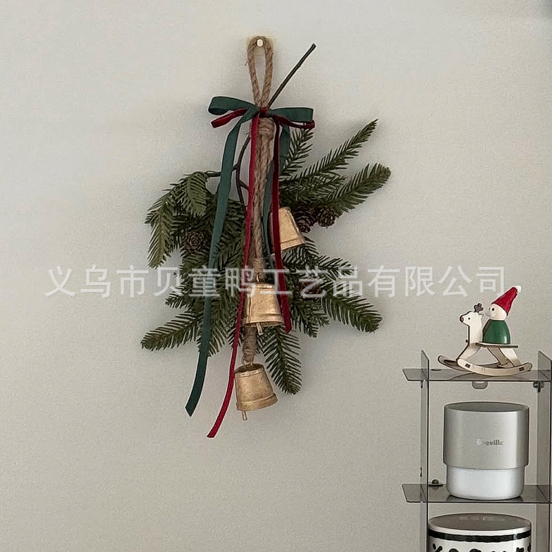 Vintage Christmas bell wall hanging, imitation pine cone ornament, hemp rope door hanging, wall decoration, wind chime, window display decoration