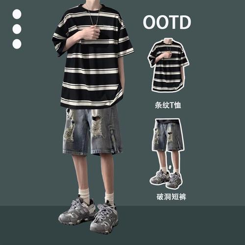 Summer Heavyweight Pure Cotton T-Shirt and Shorts Set for Teens and Young Adults, with a Cool and Mysterious American Dark Style Outfit